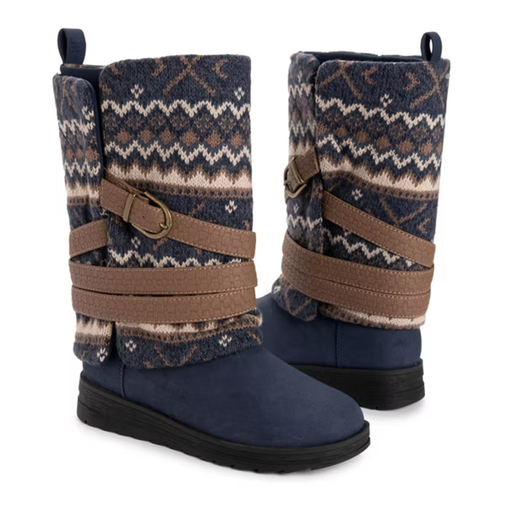 New In Box Muk Luks Nikki Women’s Knit-Overlay Boot Size 9.5 Navy/Multi NIB